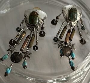 TABRA Sterling SCARAB Unakite/Turquoise Drop/Dangle EARRINGS Artisan Signed